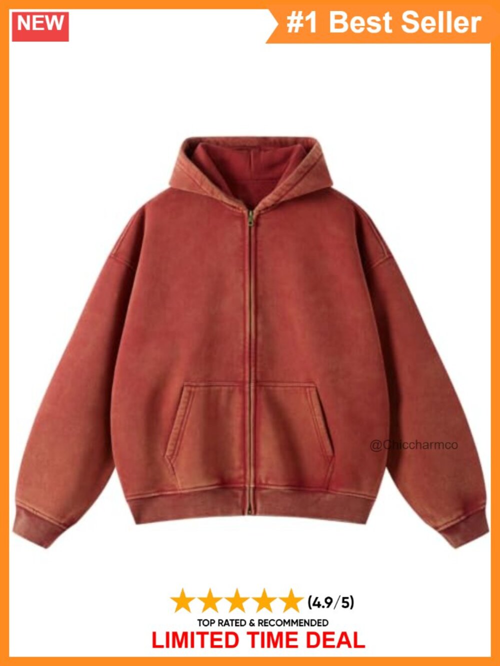 Zip Up Hoodie Long Sleeve Oversized Sweatshirt Acid Wash Y2K Jacket Pockets
